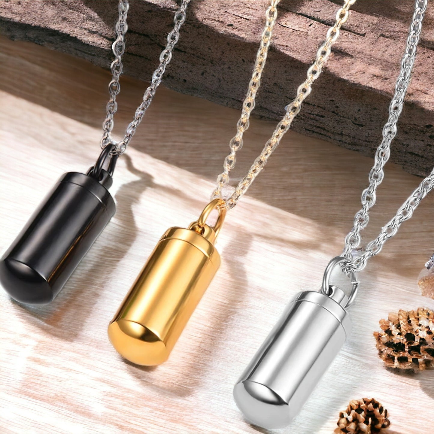 Collier homme- pendentif MEMORY FIOLE™ ; Collier avec pendentif porte souvenir cylindriques