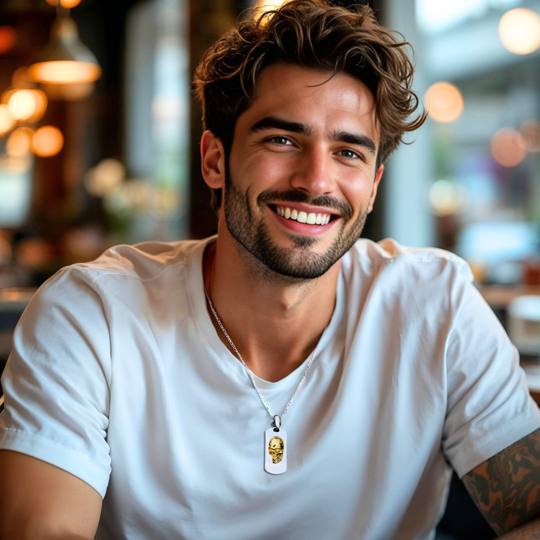 Collier homme- pendentif SKULL TAG 3D™ : Un pendentif tête de mort audacieux
