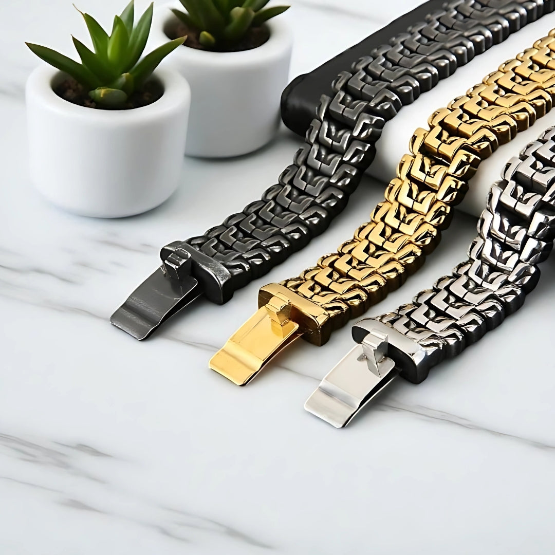BRACELET HOMME TENDANCE trois couleurs presentation plantes table marbre fermoir