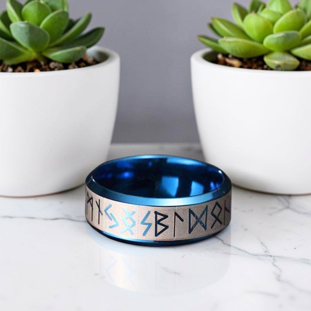 Bague homme, Alliance Viking Futhark en Acier Bicolore variante bleue
