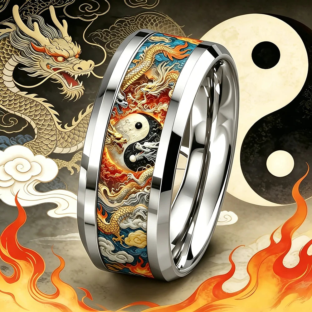 Bague mystique Dragon Yin-Yang homme acier - symboles dragon chinois flammes équilibre - mmihommesmodernes.com