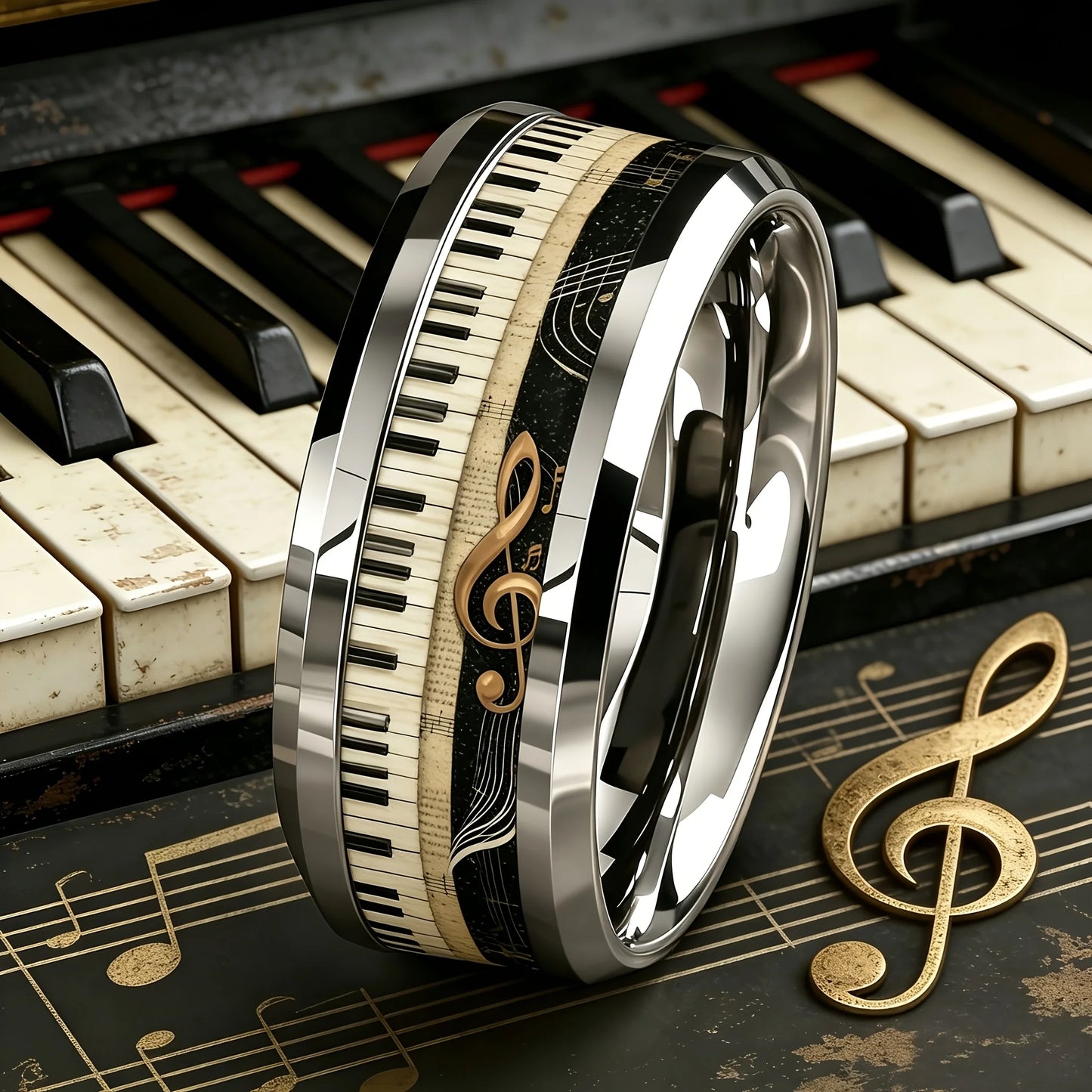 Bague tendance homme piano et clé de sol dorée debout piano musique decor