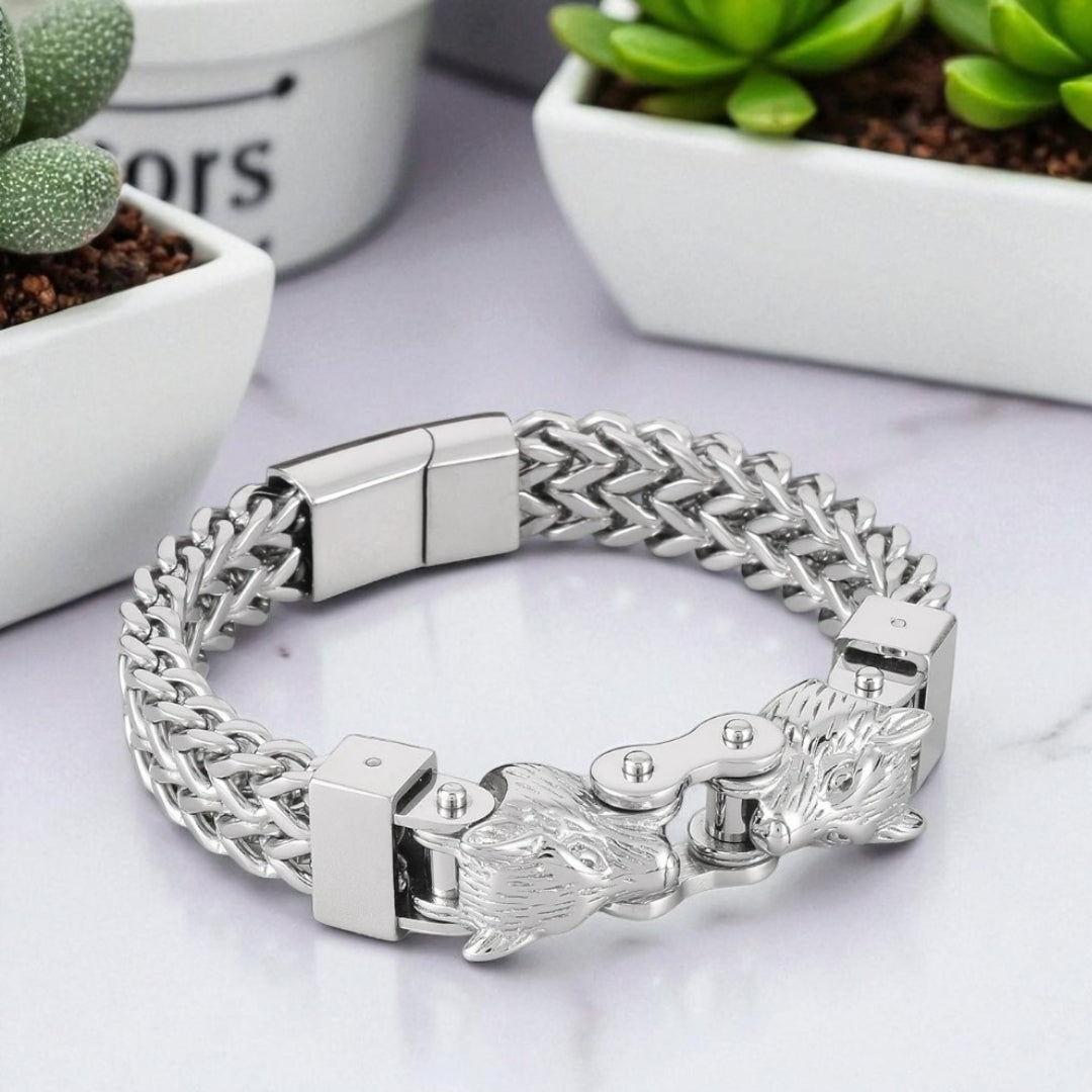 Bracelet homme Viking double tete de loup argent presentation