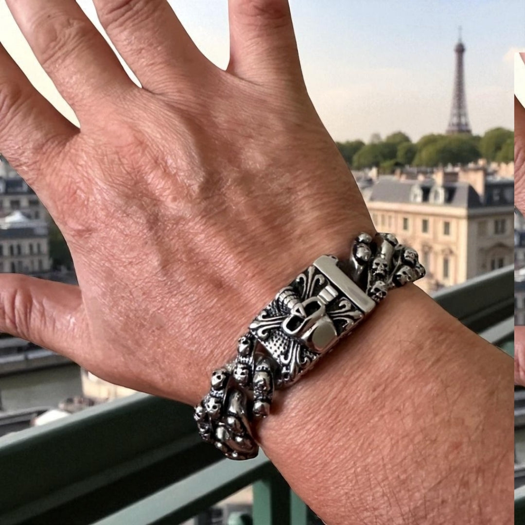 Bracelet homme breloque MODERN SKULL II acier poignet homme fnetre sur Paris tour eiffel