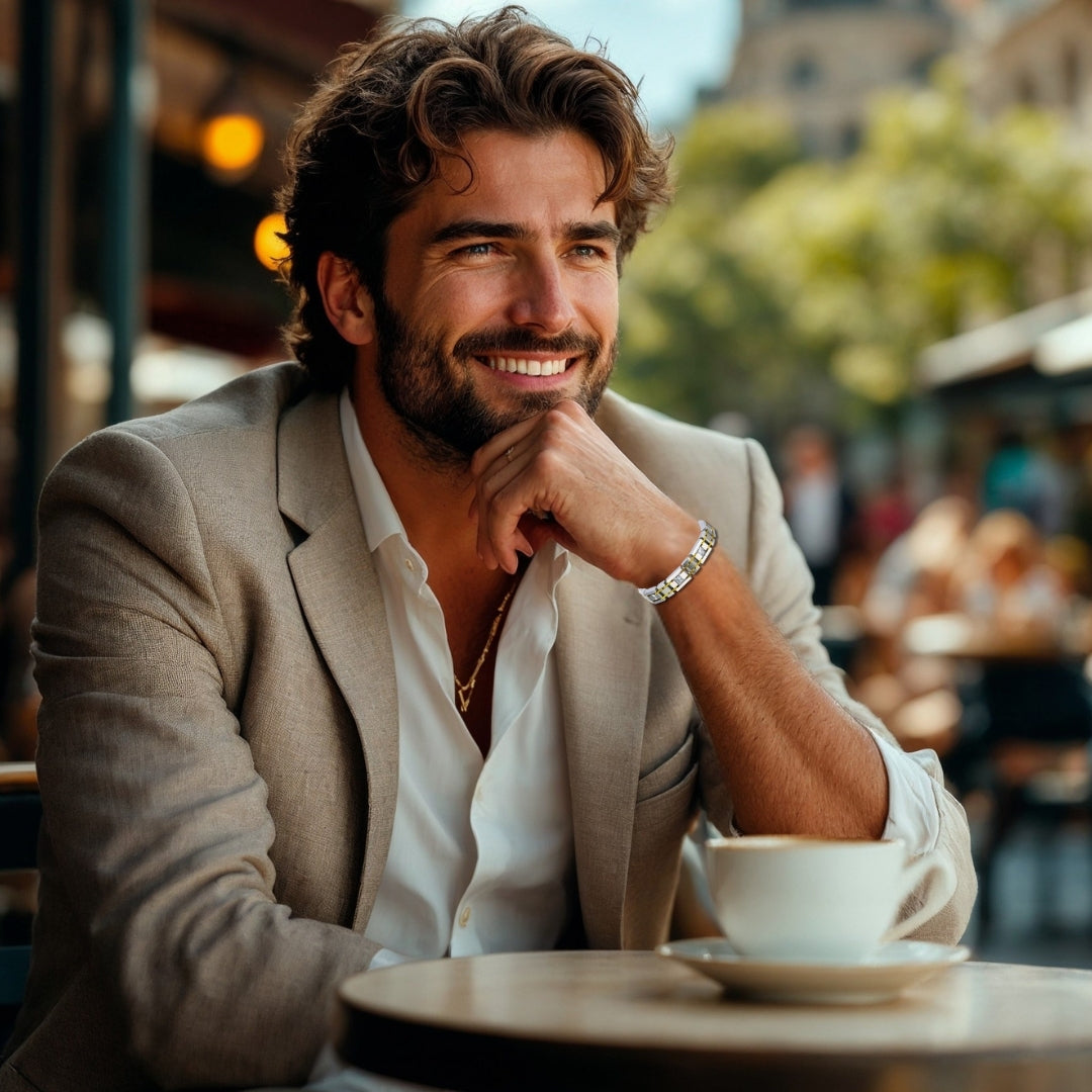 Bracelet homme luxe GOLDLINK argent et doré poignet homme élégant café sourire