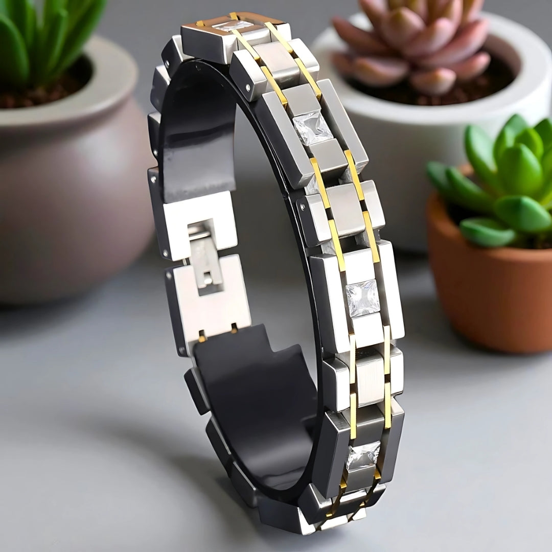 Bracelet homme luxe GOLDLINK presentation debout élégance à deux tons plantes marbre
