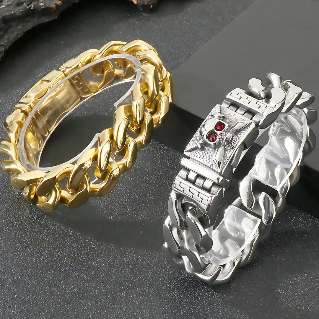 Bracelet homme luxe PIRATO SKULL argent or cranes yeux rouges presentation table noire