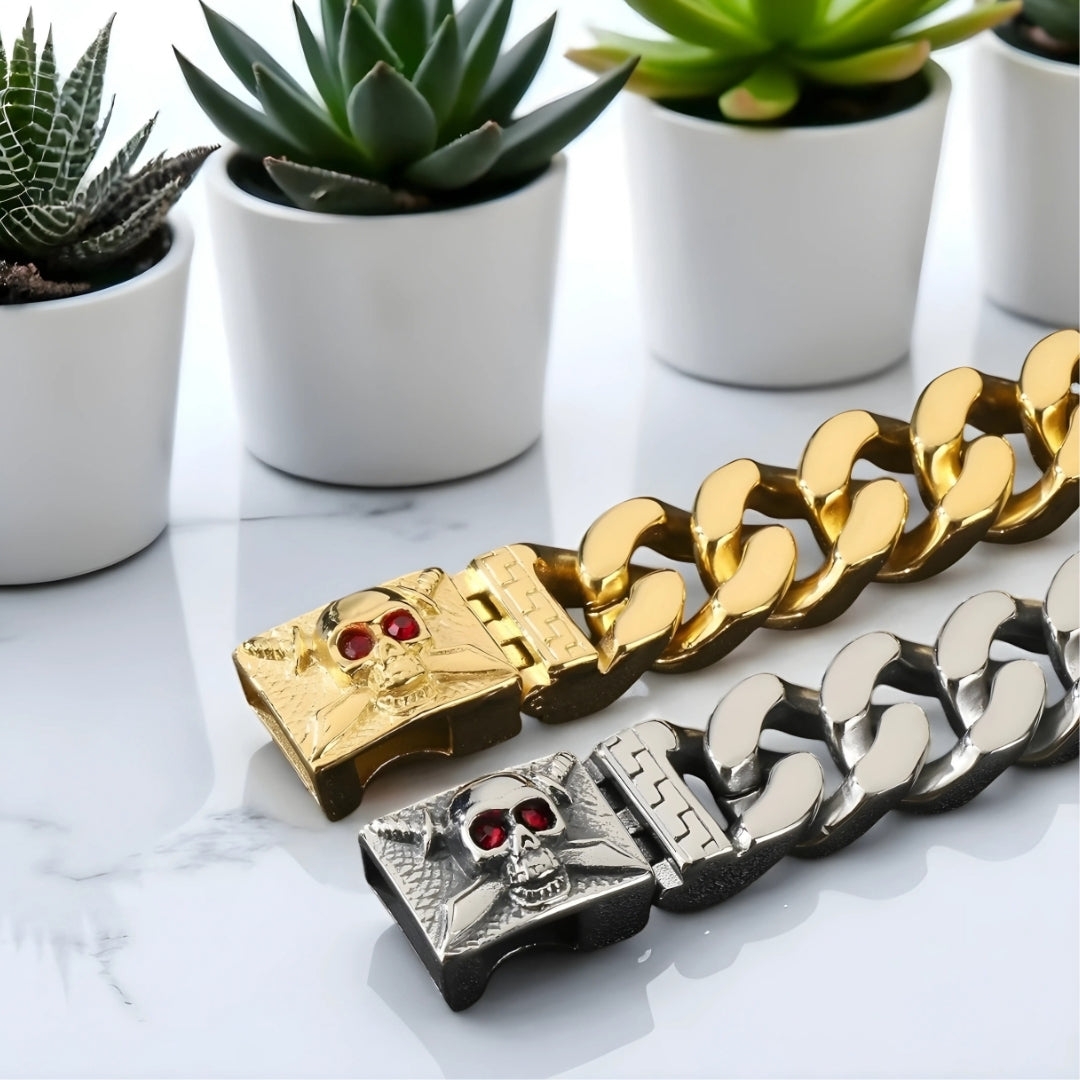 Bracelet homme luxe PIRATO SKULL argent or fermoirs cranes yeux rouges fermoirs