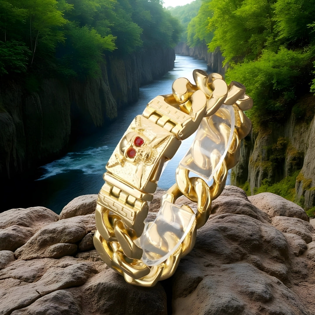 Bracelet homme luxe PIRATO SKULL or montagnes lacs rochers