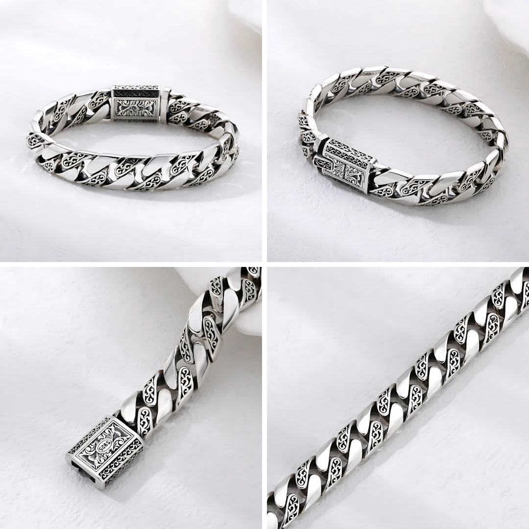 Bracelet homme luxe fleurs de lys table blanche quatre presentations fermoir