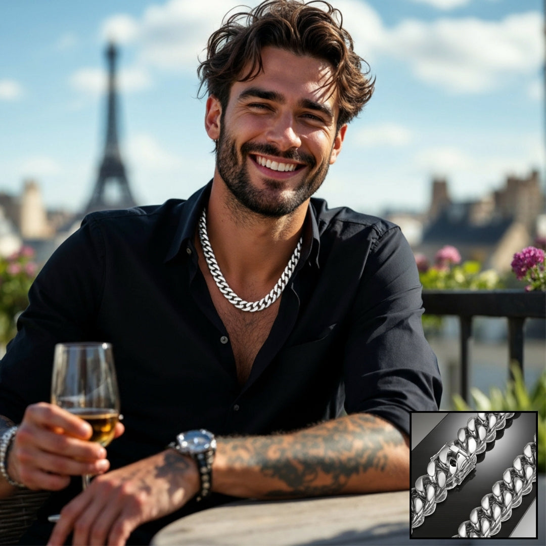 CHAINE HOMME MAILLONS CUBAINS ARGENT HOMME HEUREUX TERRASSE PARIS