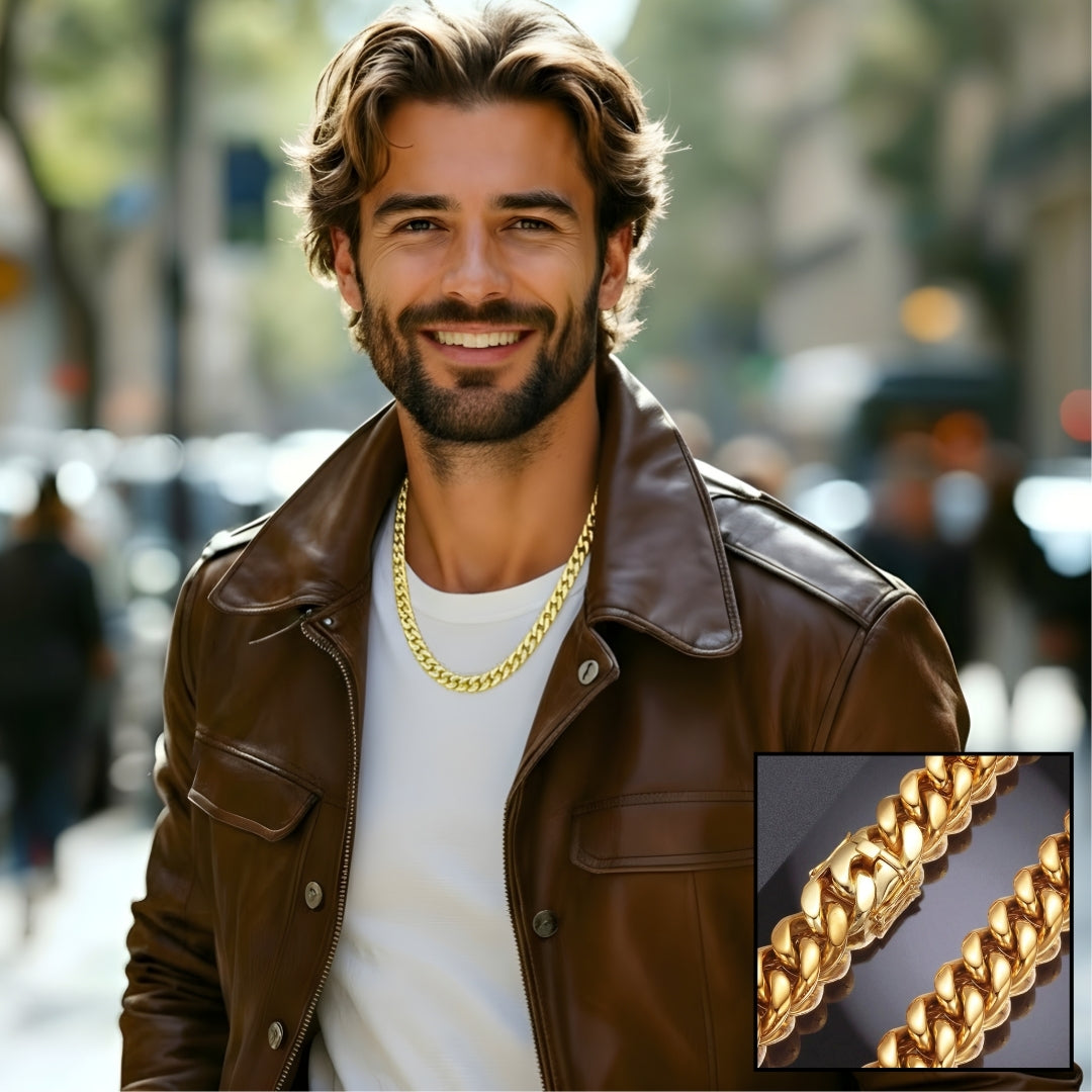 CHAINE HOMME MAILLONS CUBAINS DORE CUIR BRUN RUE