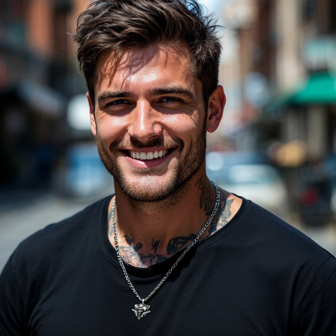 COLLIER-HOMME-PENDENTIF-COWBOY-T-SHIRT-NOIR-ÉTÉ-TATOUAGES-RUES-PARIS