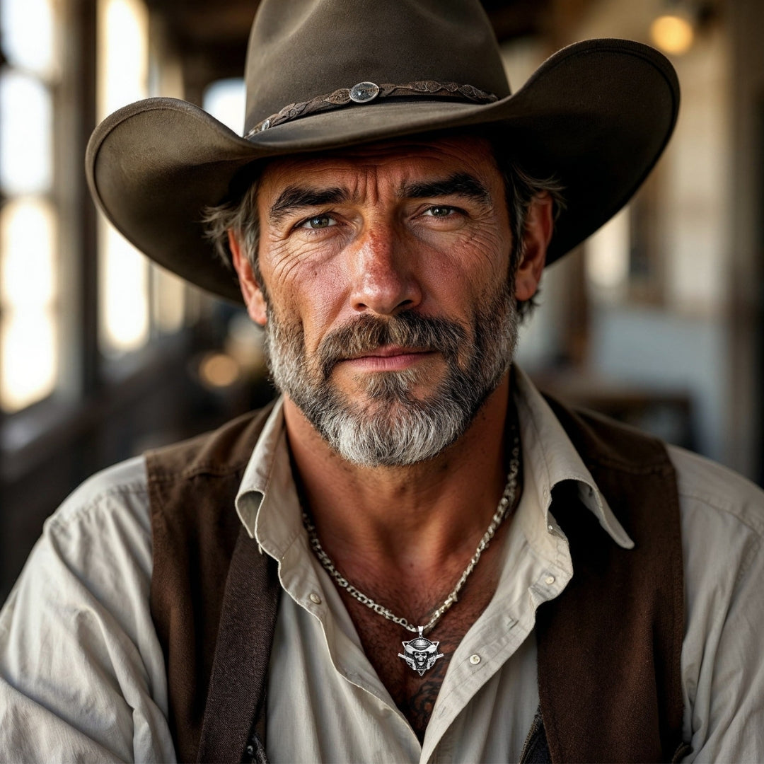COLLIER-HOMME-PENDENTIF-COWBOY-TCHAPEAU-COWBOY-WESTERN-COUNTRY-MATURE