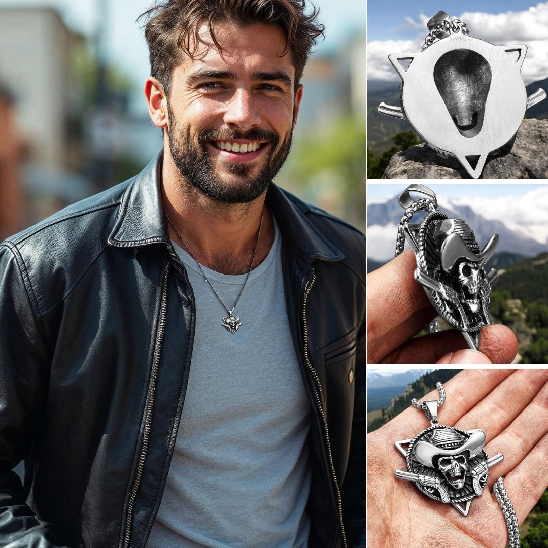 COLLIER-HOMME-PENDENTIF-COWBOY-VESTE-CUIR-4-PHOTOS-REVERS