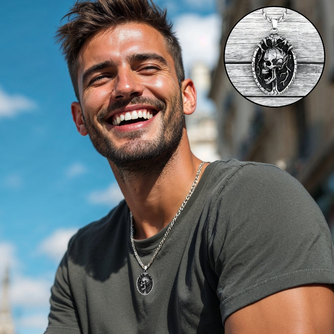 COLLIER-homme-pendentif-crâne-tête de mort-3D-t-shirt-gris-ciel-bleus