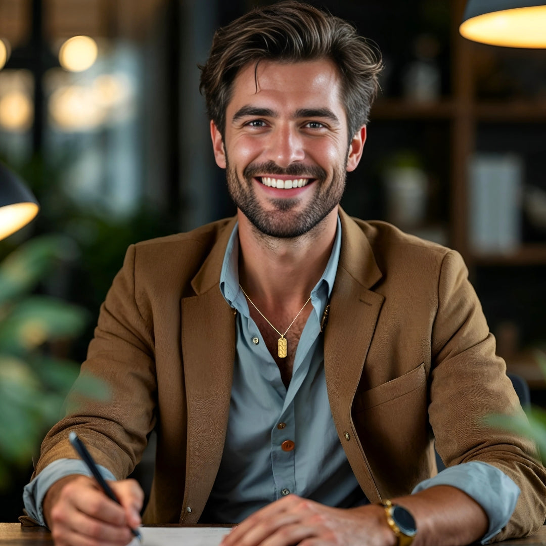 COLLIER HOMME-PENDENTIF – GÉOMÉTRIQUE-or-homme-élégant-chemise-bleue-professionnelle-blouson