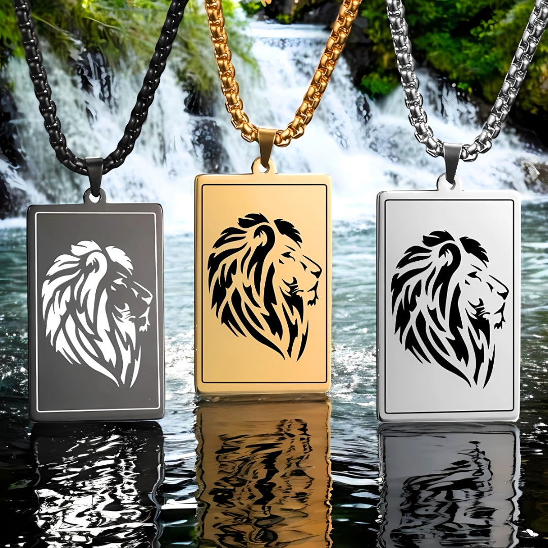 Collier homme- pendentif LÉOLOOK™ ; Collier tête de Lion gravé sur plaque