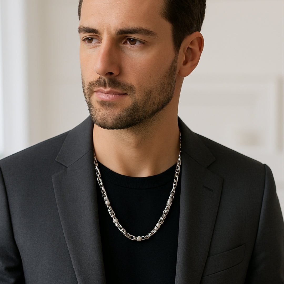 Chaîne homme byzantine RLX argent homme elegant blouson gris