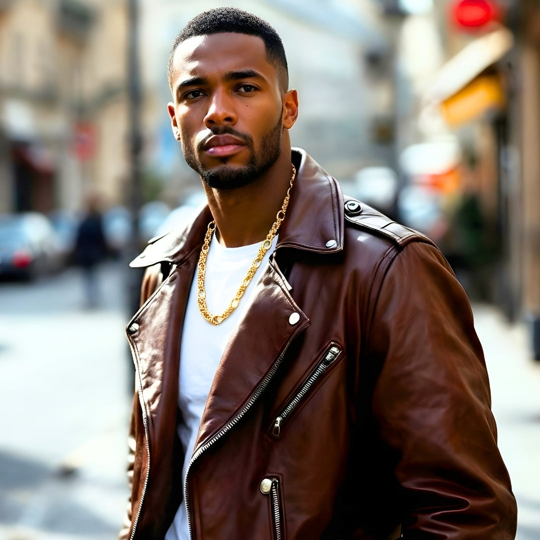 Chaine homme collier maillons entrelacés alterné doré homme noir veste cuir brune