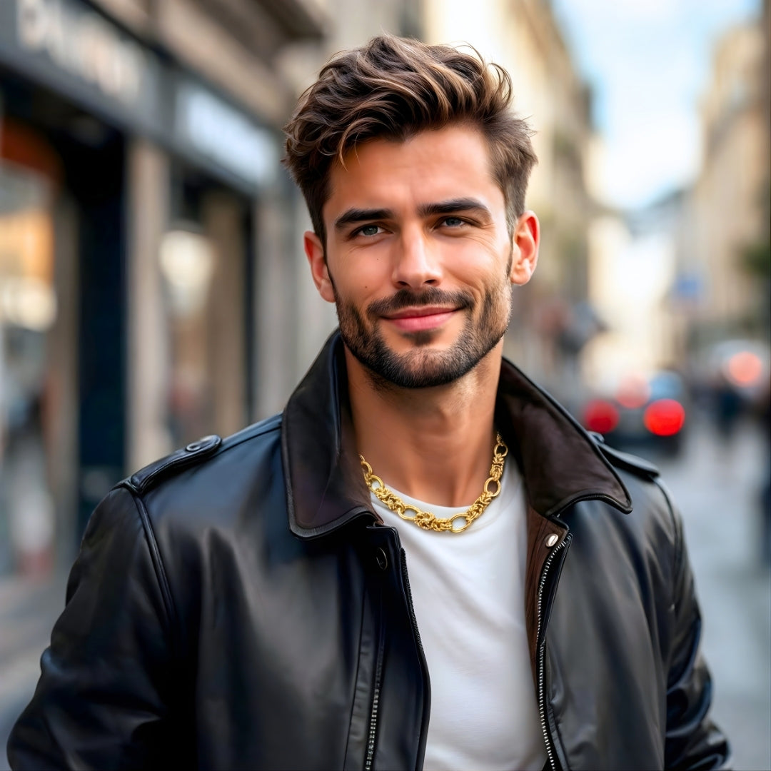 Chaine homme collier maillons entrelacés alterné doré homme souriant veste cuir noir rue