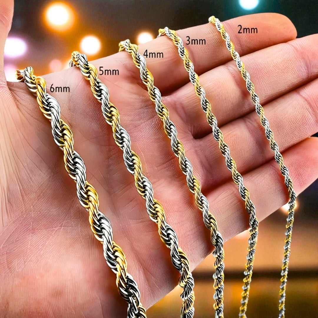 Chaine homme torsade Collier homme bicolore presentation grandeur main