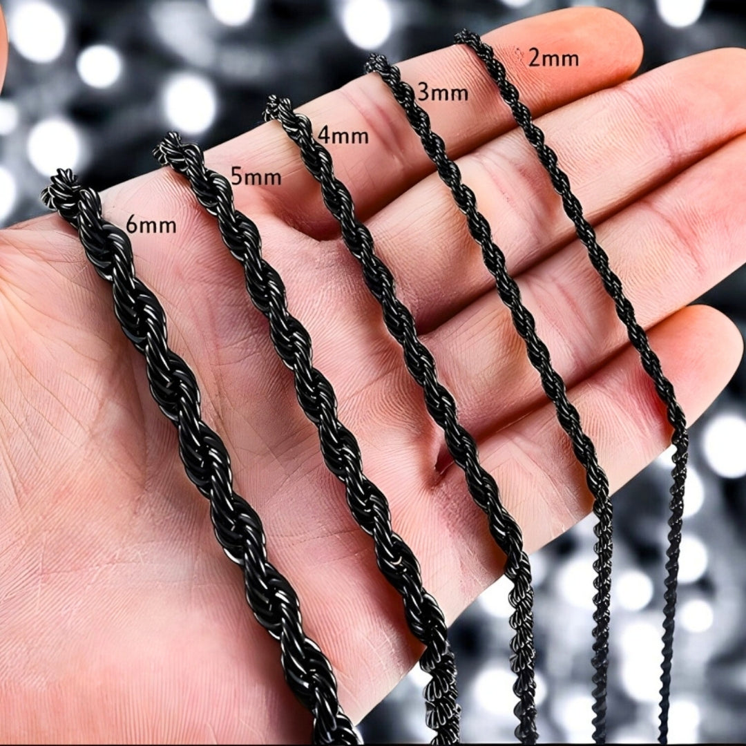 Chaine homme torsade Collier homme noir presentation grandeur main