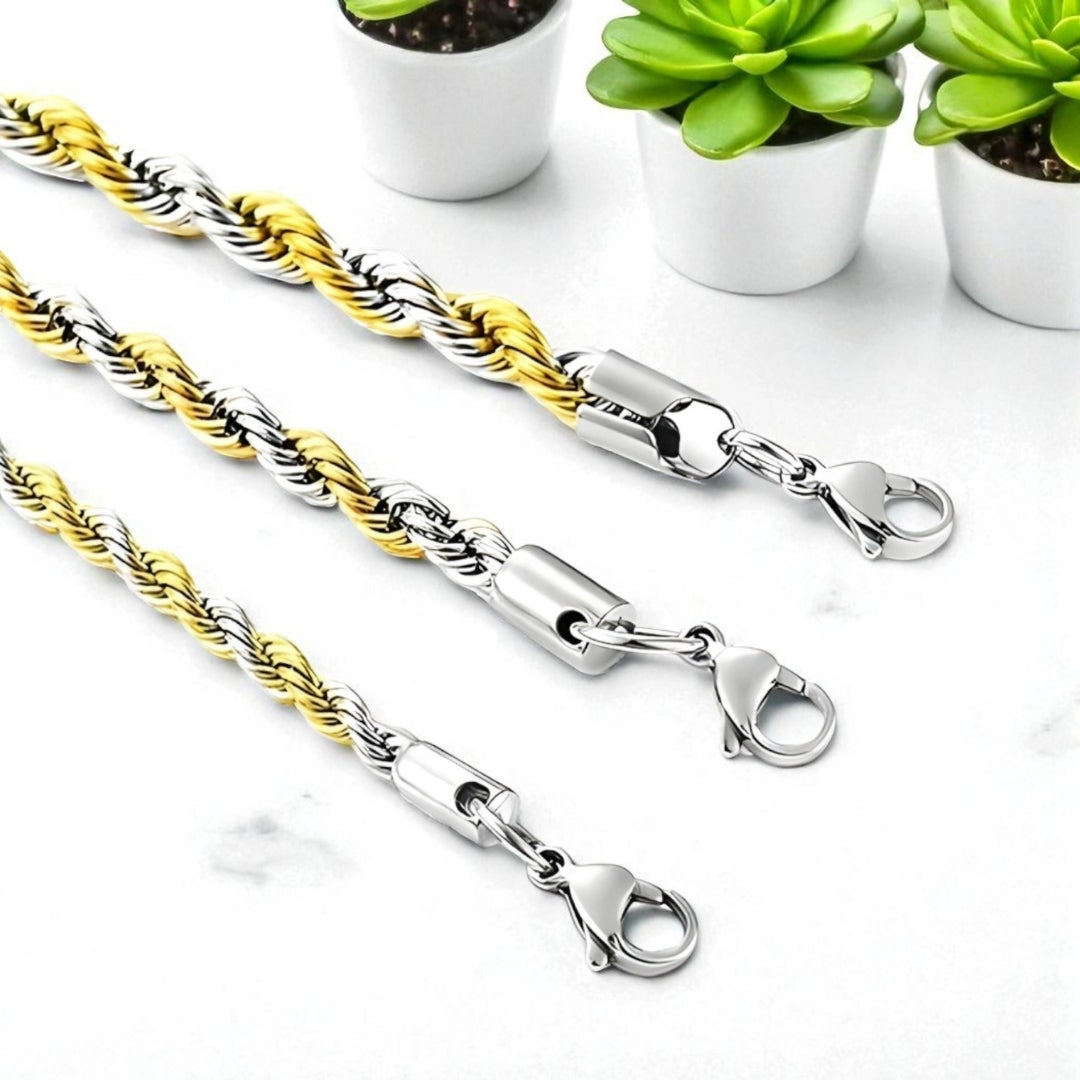 Chaine homme torsade Collier homme presentation variante bicolore argent dore