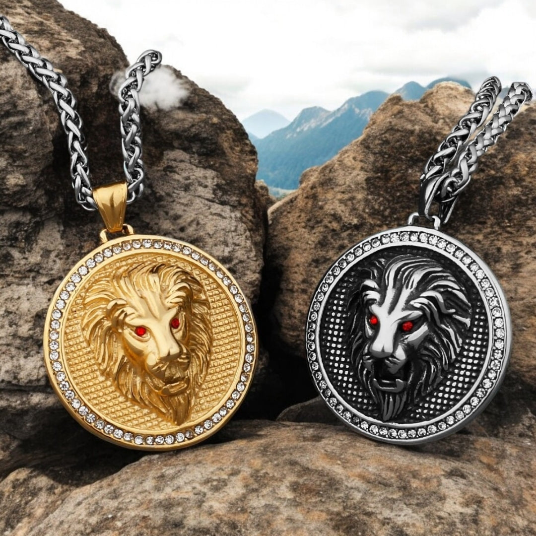Collier- homme- pendentif- LUXULLION™-médaillon-or-acier-LION-montagnes