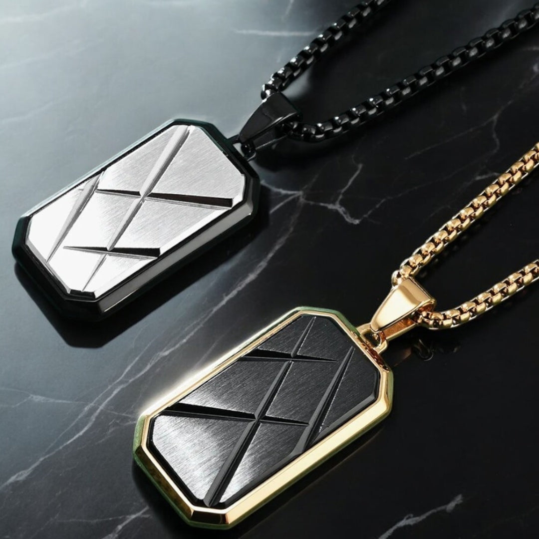 Collier- homme- pendentif PLAQUETTE LUXE II™-MILLITAIRE-ARGENT-OR-DUO-MARBRE-NOIR
