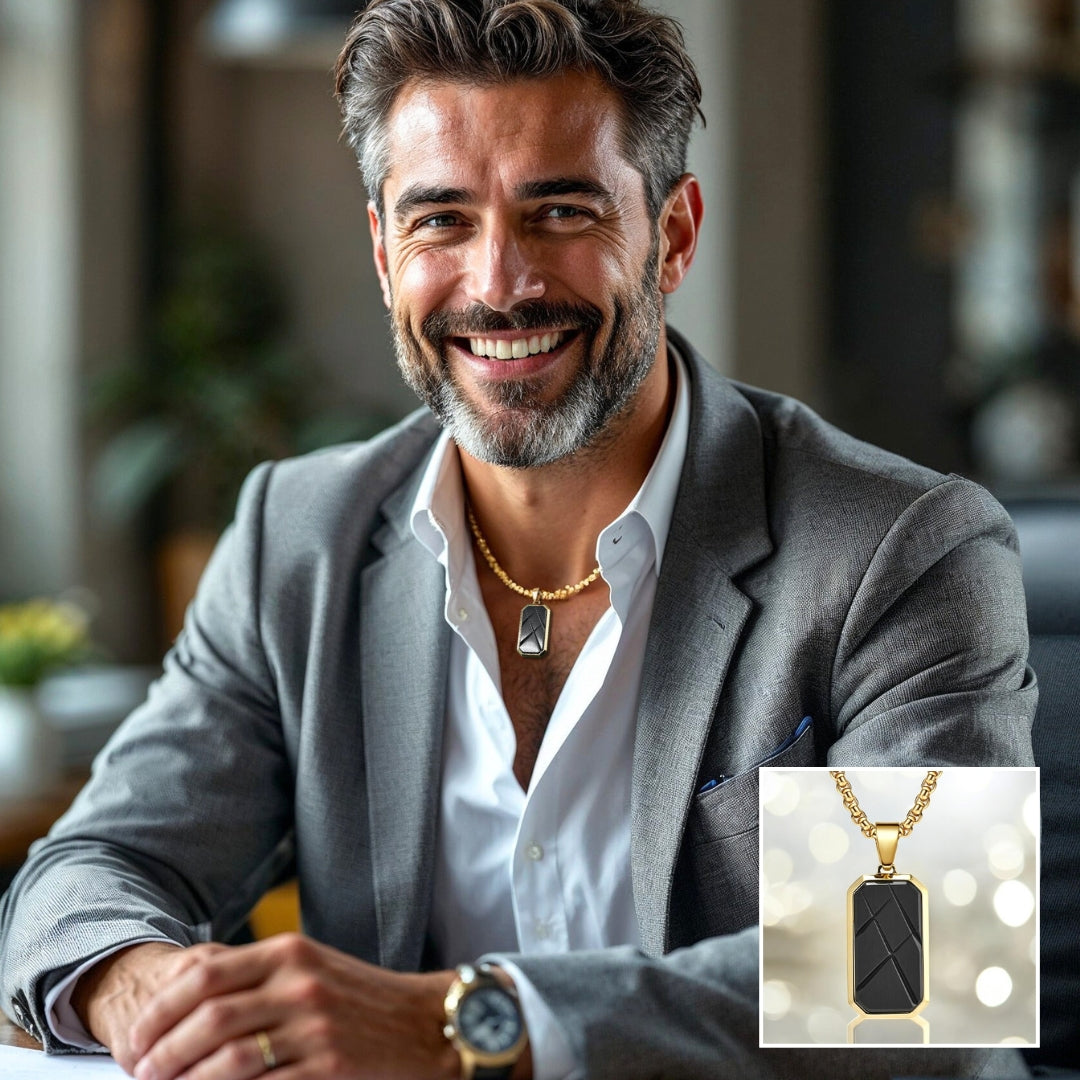 Collier- homme- pendentif PLAQUETTE LUXE II™-MILLITAIRE-OR-HOMME-ÉLÉGANT-TRAVAIL-BUREAU