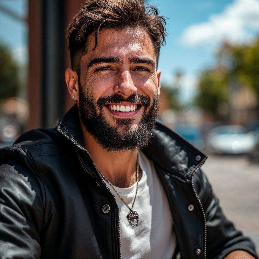 Collier-homme- pendentif-homme-tête -de- mort--yeux-rouge-rue-veste-noir--cuir-élégant-sourire