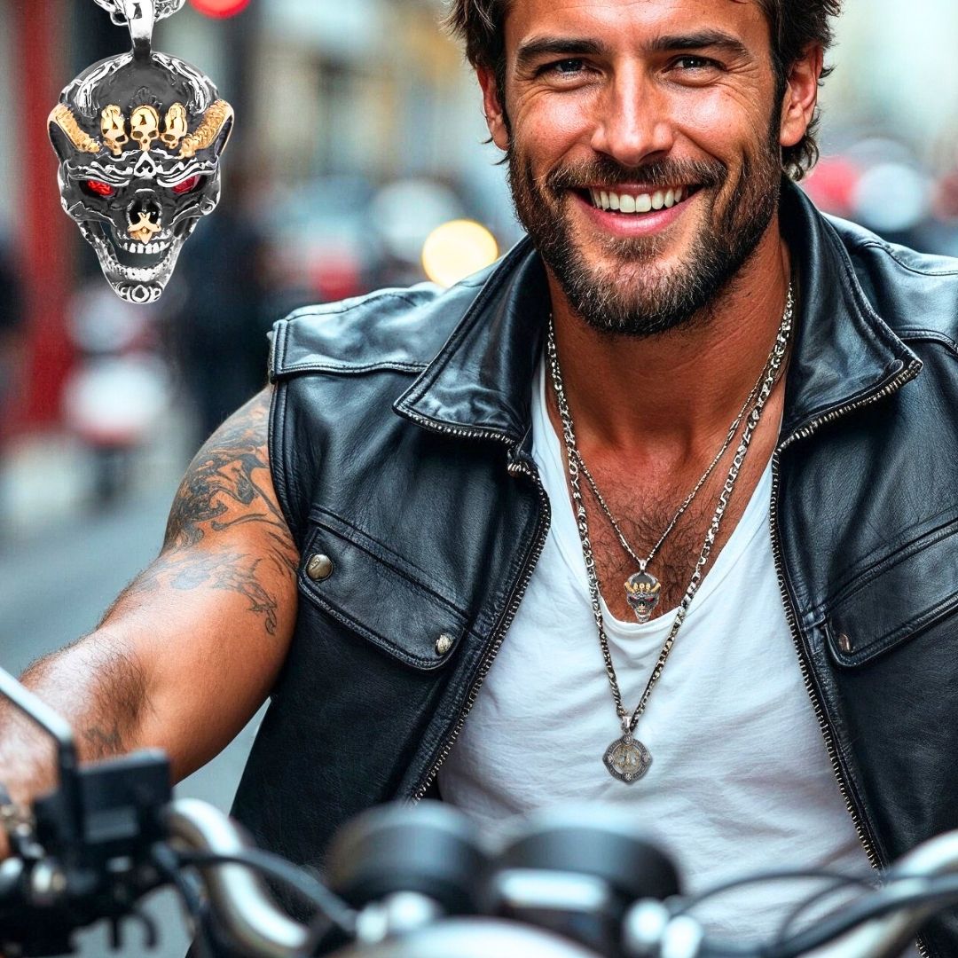 Collier-homme- pendentif-homme-tête -de- mort--yeux-rouge-veste-noir--cuir-moto -rue