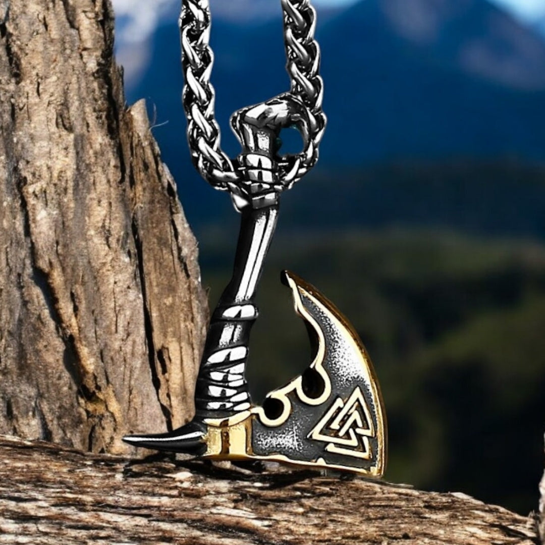 Collier-homme-pendentif-VIKING-armes-viking-hache-acier-montagnes-bois-doré