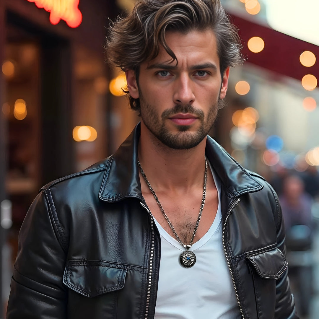 Homme -à- Paris-avec-une-veste-de-cuir-noire-ouverte-qui-porte-un-collier-argent-devant-un-magasin de Paris.