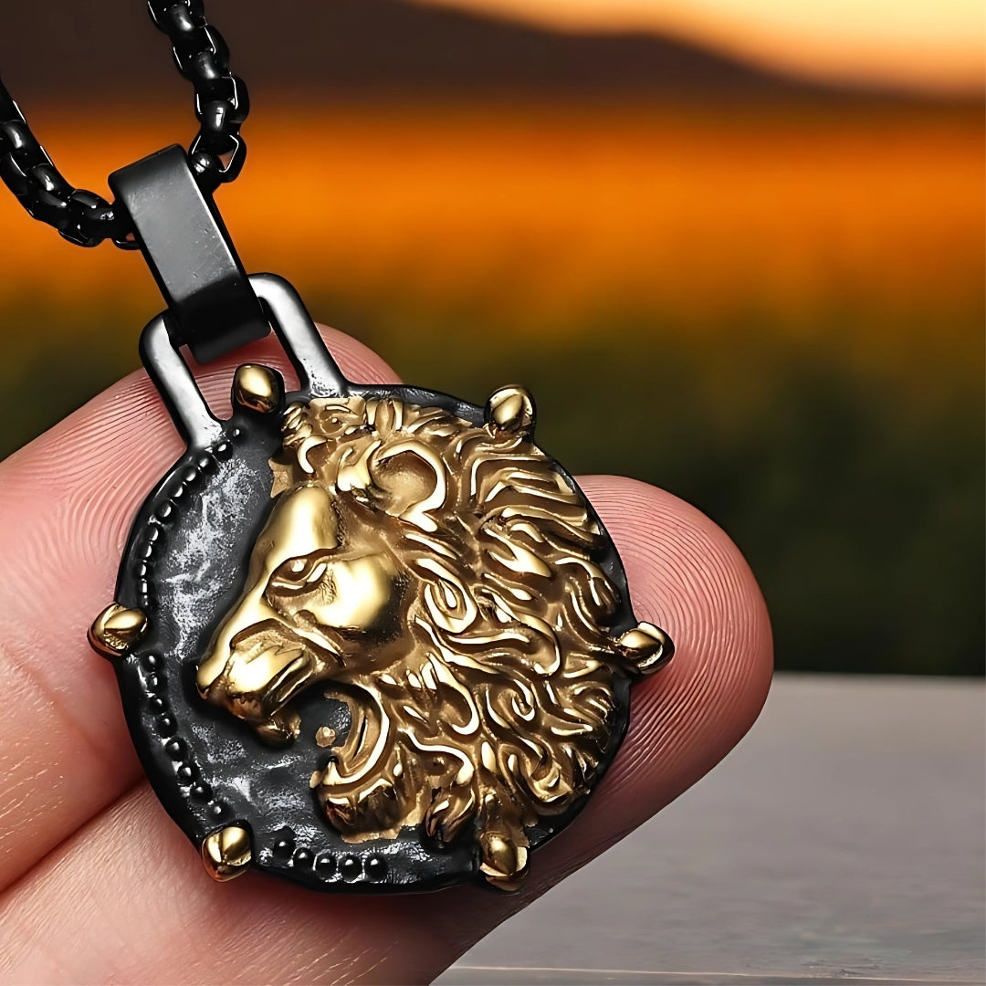 Collier homme, pendentif LION ASTROLOGIQUE dore sur noir variante