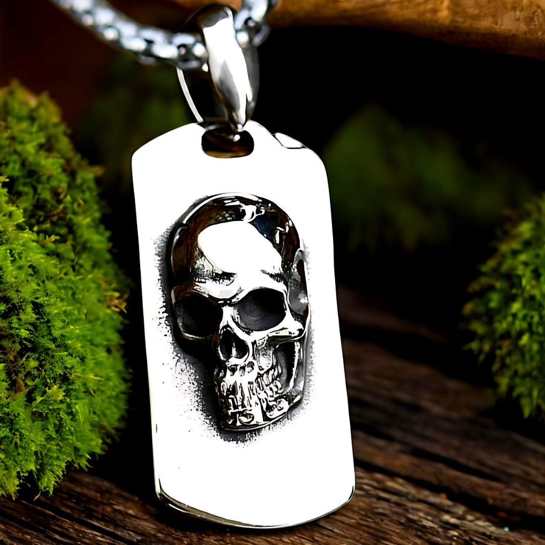 Collier homme, pendentif SKULL TAG 3D argent bois