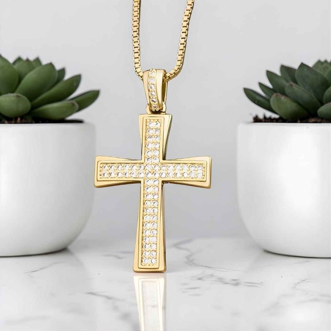 Collier homme, pendentif croix en zircon "Héritage Pavé" variante dore blanche