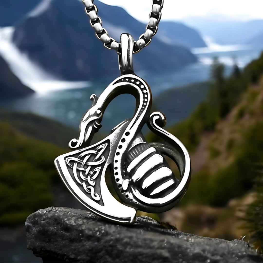 Collier homme-pendentif DRAGONAXE™ : L'alliance mystique du dragon et du viking
