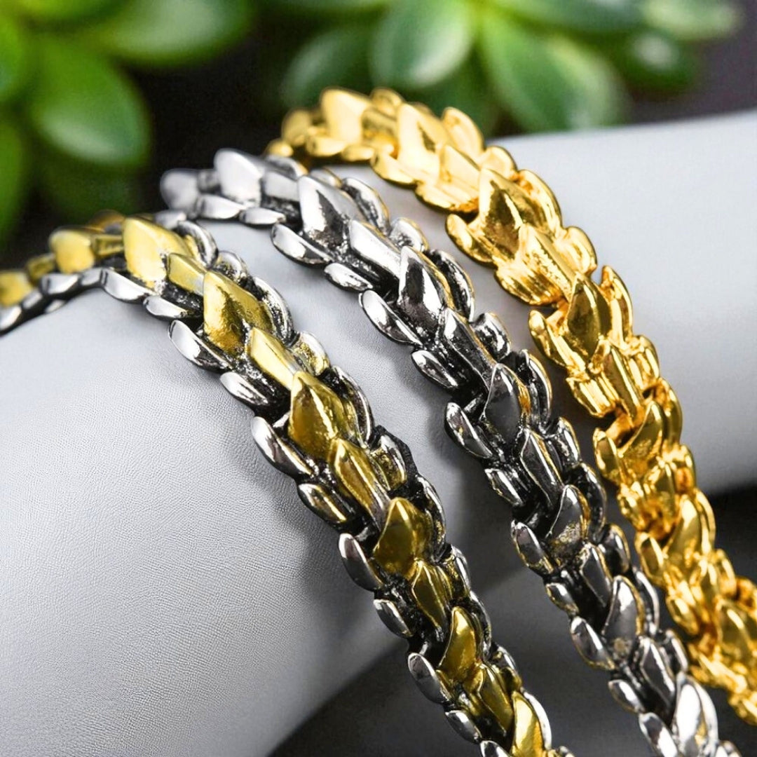 bracelet homme dragon longueur trois couleurs argent or bi couleur plantes