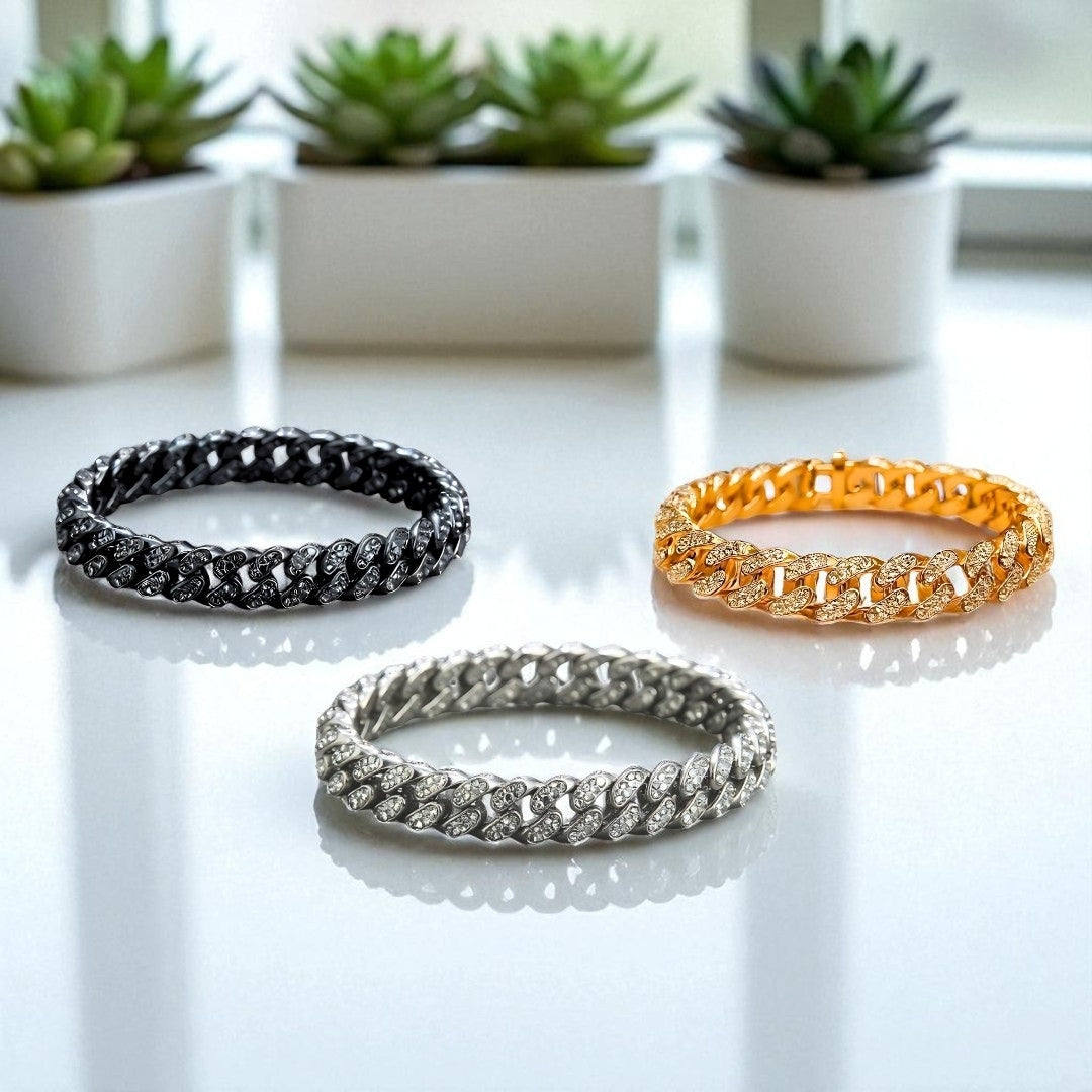 bracelet homme luxe cubain brillant trois couleurs presentation