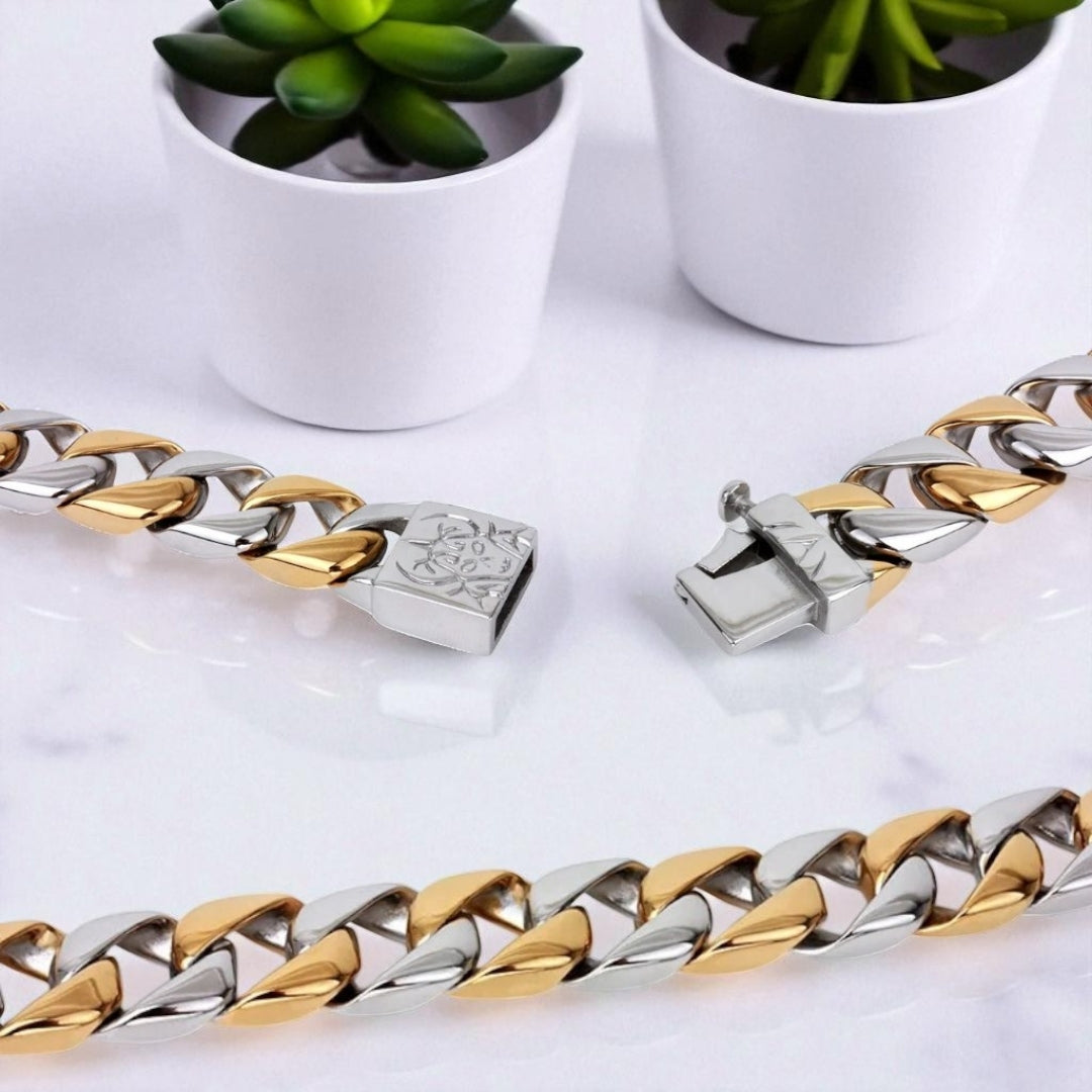 bracelet homme luxe silver and gold plantes table marbre presentation 12 mm fermoir