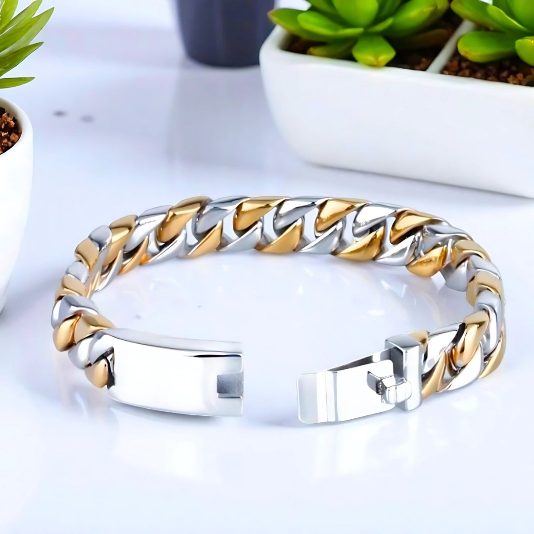 bracelet homme luxe silver and gold plantes table marbre presentation 12 mm fermoir ouvert