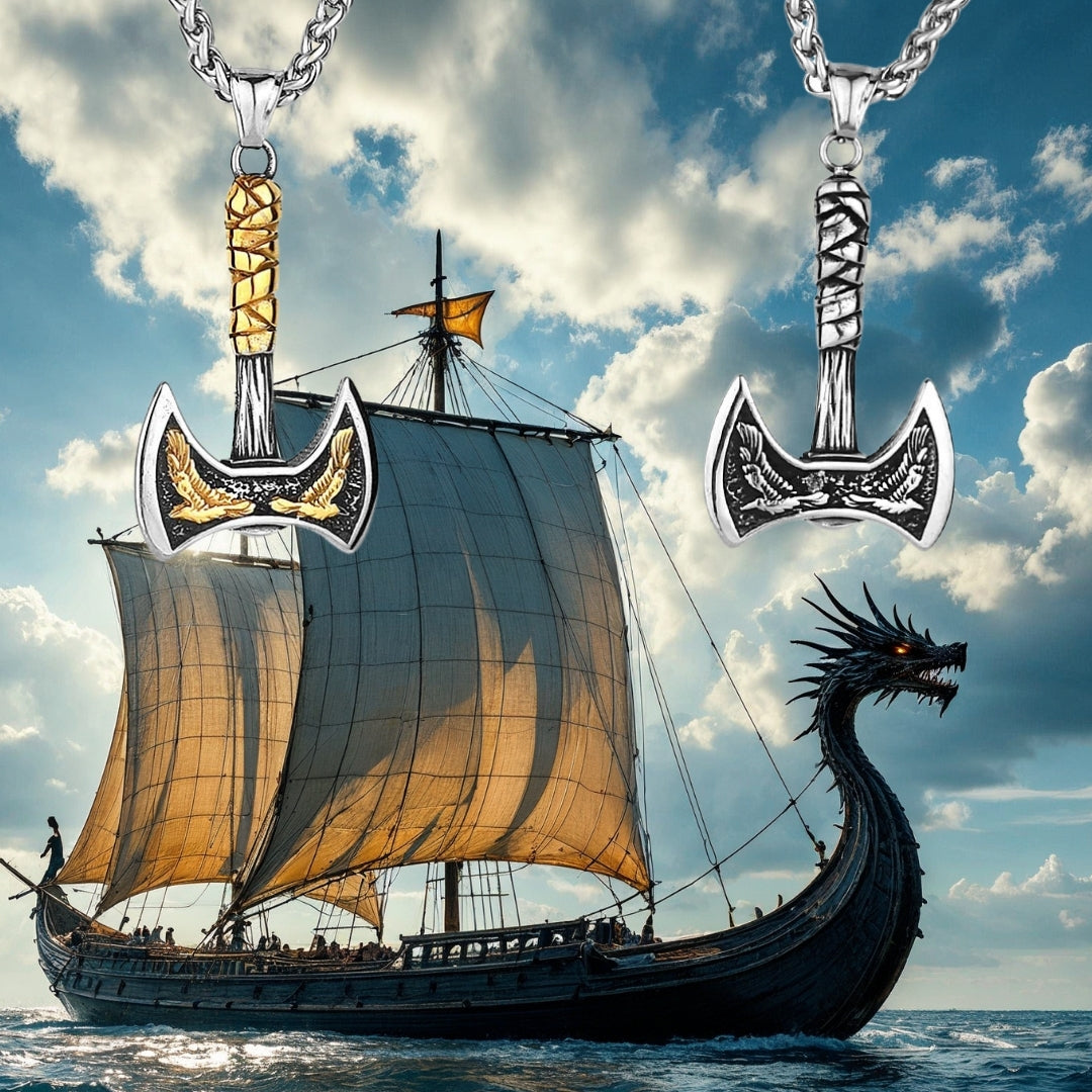 Collier-homme-pendentif-duo-argent-or-chaine-viking-hache-drakkar-mer-dragon-proue