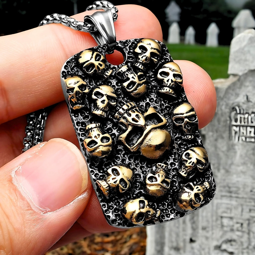 collier-homme-pendentif-militaire-tag-crane-tête-de-mort-acier-or-cimetière-tombe