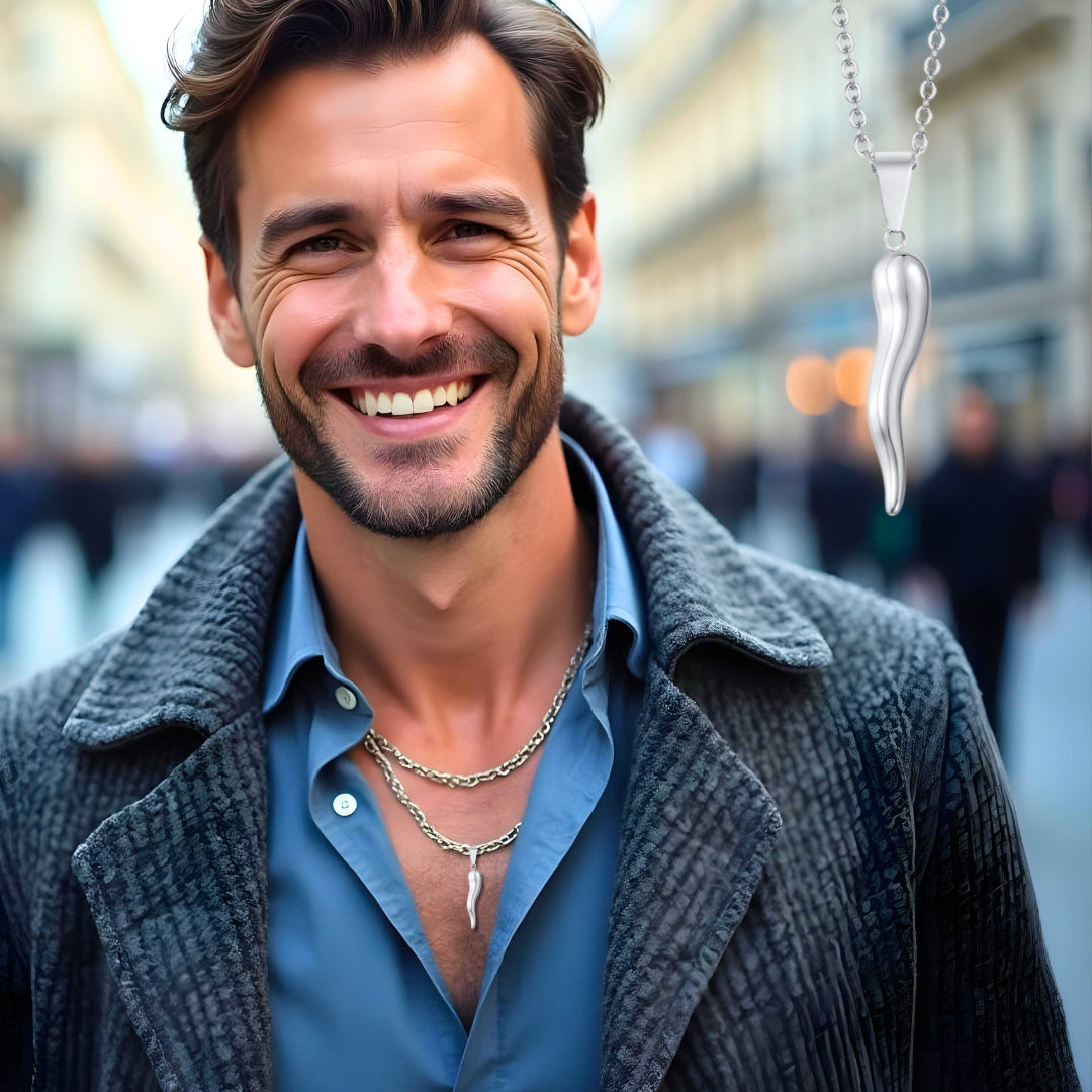 collier homme-pendentif-corne Italienne-look élégant-chance et prospérité-argent