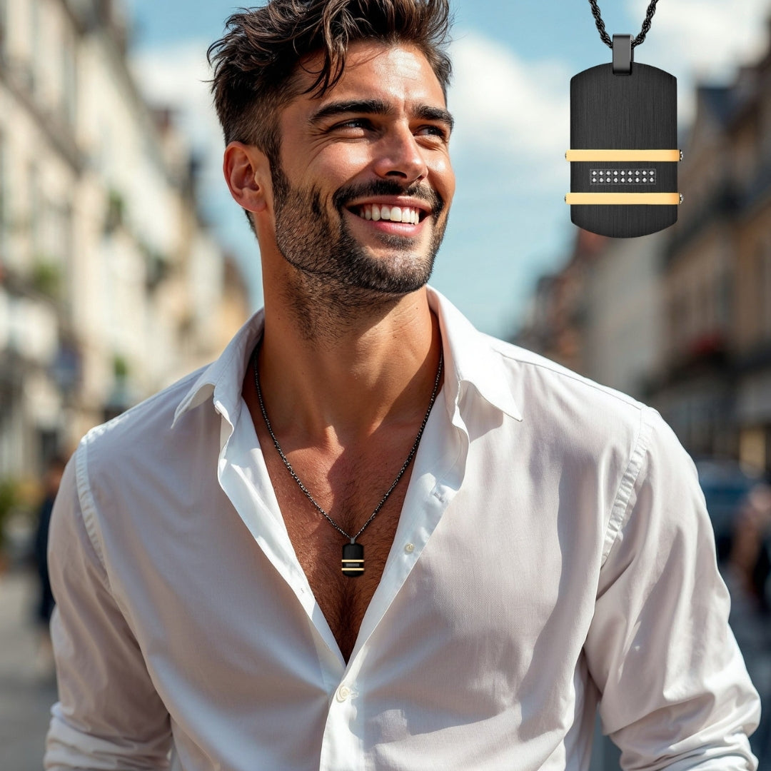 collier homme-pendentif-homme-élégant-plaque militaire- de luxe-noir-argent