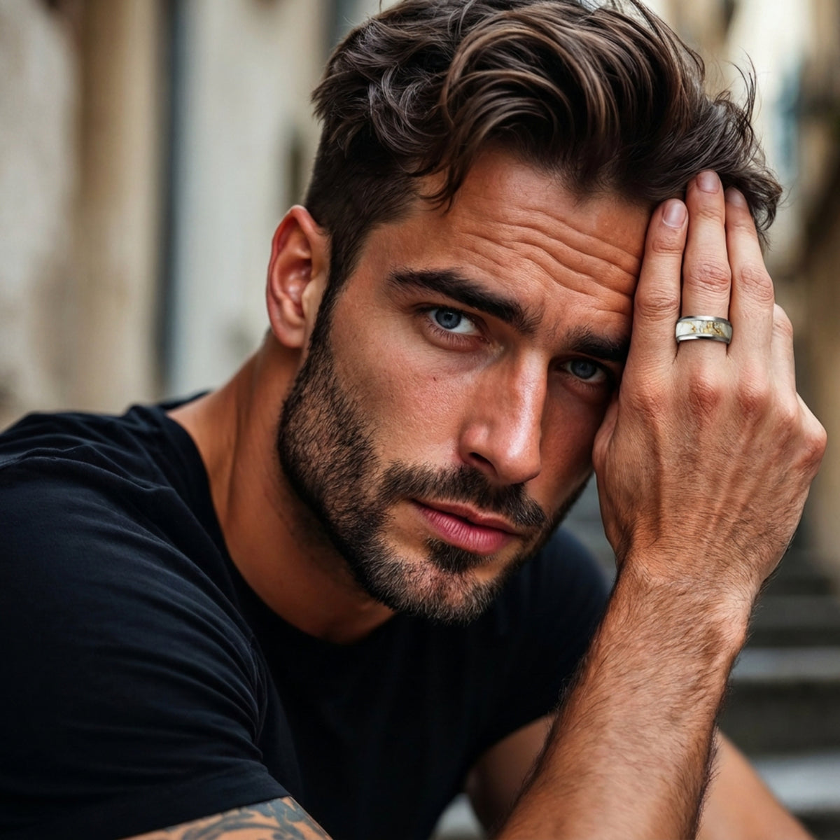 Bague Alliance Homme |  Agate blanche artificielle « Lithos »