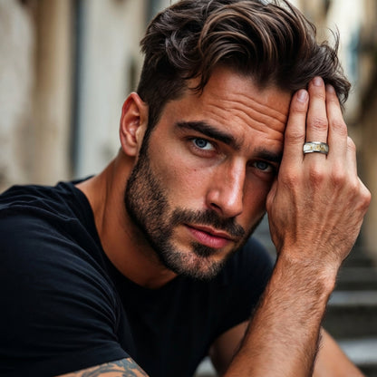 Bague Alliance Homme |  Agate blanche artificielle « Lithos »