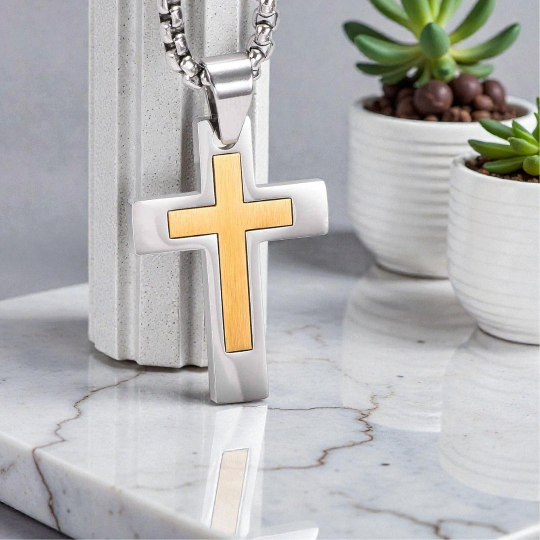 Collier homme, pendentif Croix Double Élite.| Inoxydable Premium